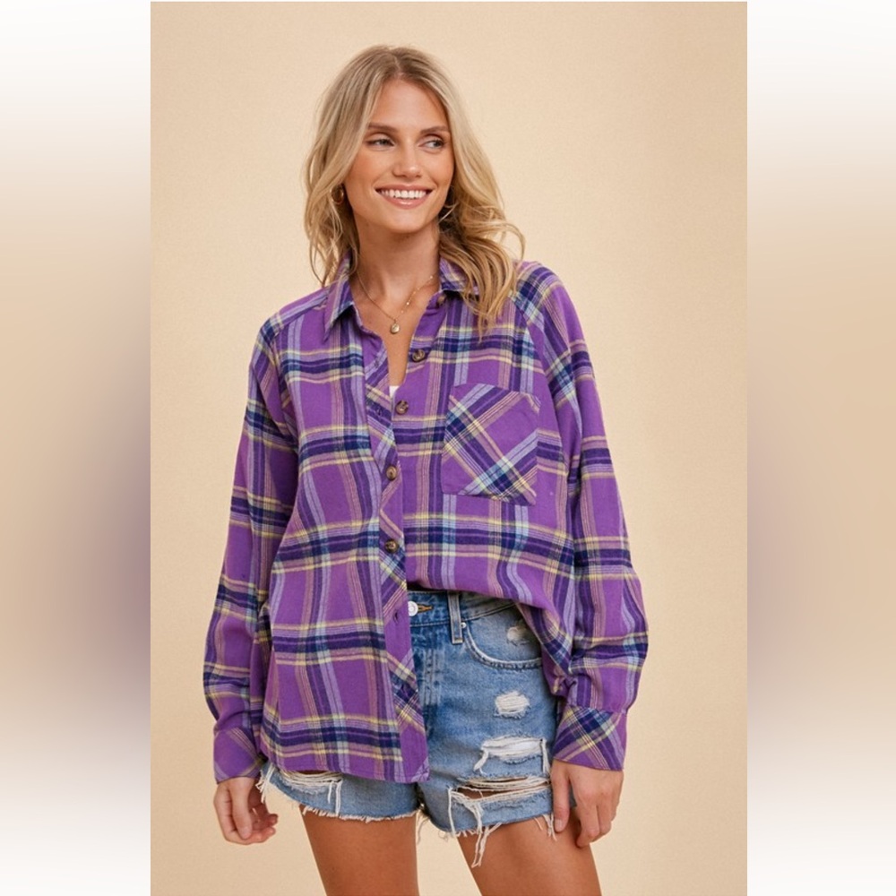 968. Hem & Thread Oversized Plaid Cotton Button Down Top Purple New Item NWT - Picture 2 of 6